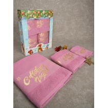 Полотенца махровые Подарочный Новогодний набор - 3шт- 30х60см, 50х90см, 70х135см_Розовый